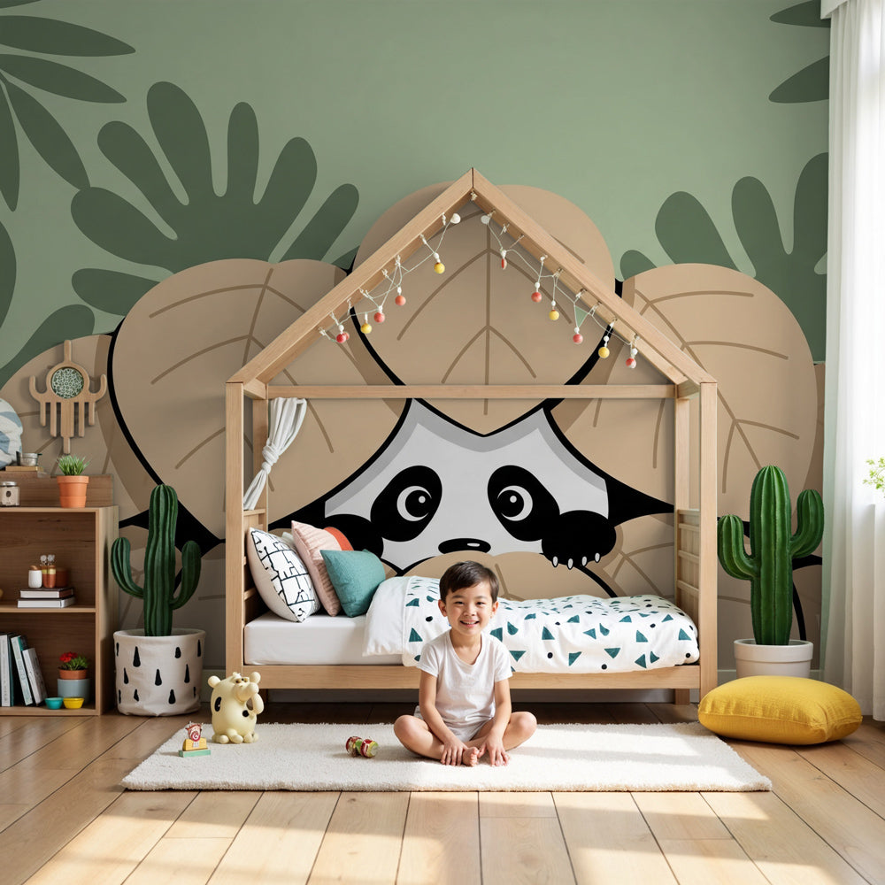 Panda jungle mural wallpaper creating safari themed nursery with soft green tropical leaves by Kids-Mundo