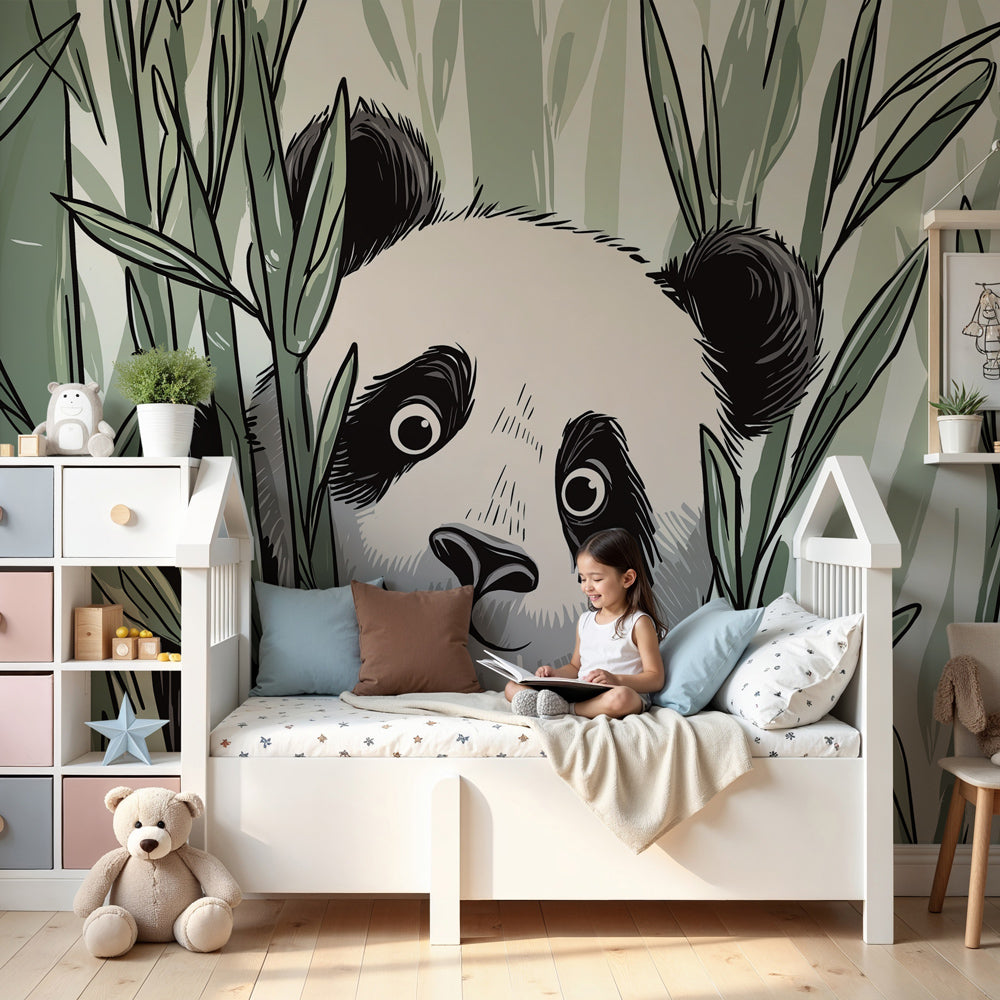 Panda jungle mural wallpaper in modern baby nursery with natural wood crib by Kids-Mundo