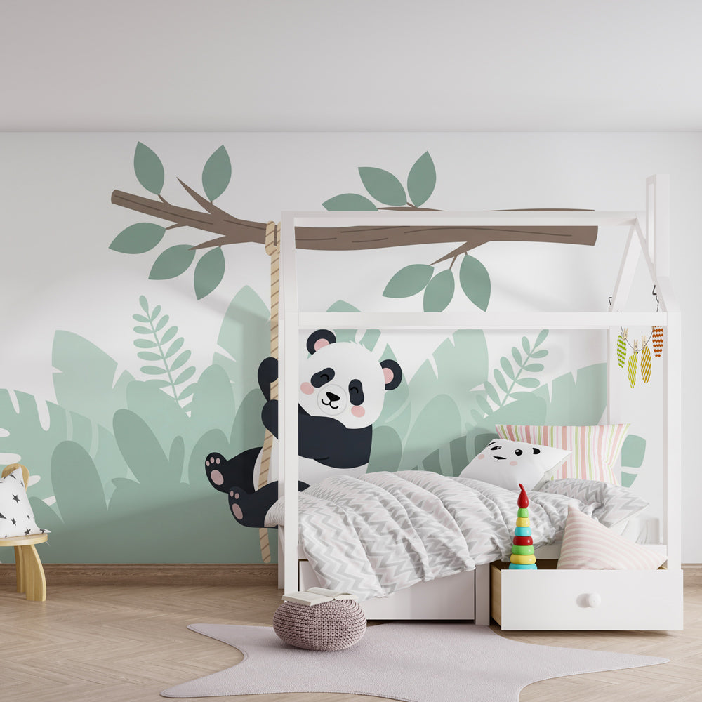Children's panda jungle wallpaper in bright playroom setting showcasing tropical animal theme