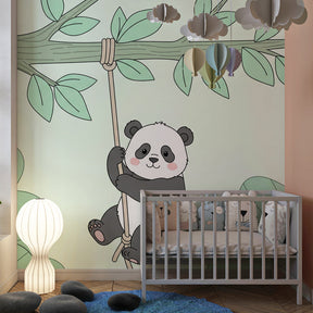 Wildlife panda wallpaper for kids room showing lush jungle design by Kids-Mundo