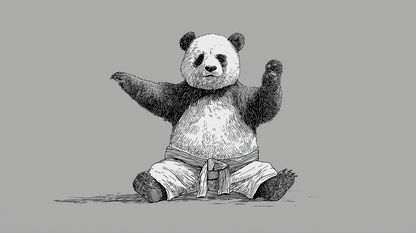 Kids-Mundo flat artwork of a hand-inked panda sitting in a white karate gi