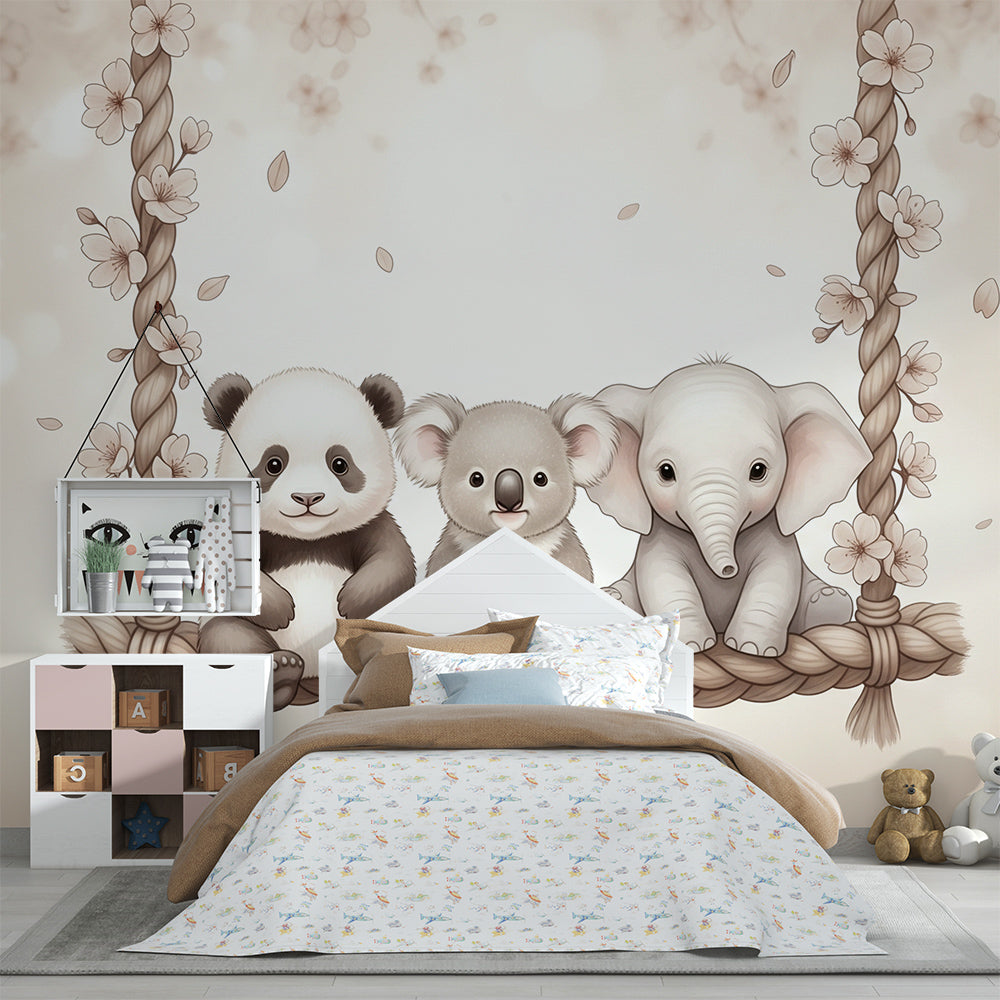Kids-Mundo blossom swing wall mural with panda, koala and elephant in a child's bedroom