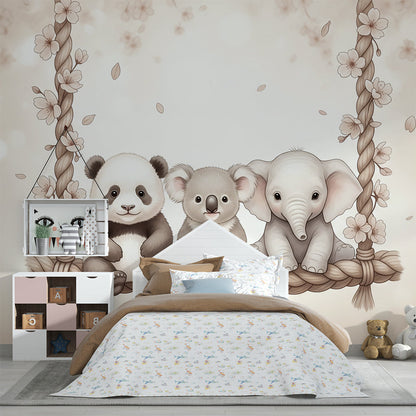 Kids-Mundo blossom swing wall mural with panda, koala and elephant in a child's bedroom