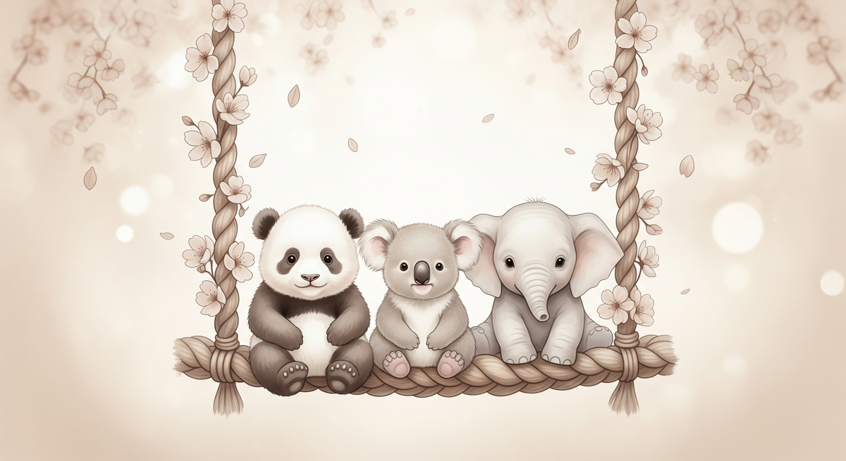 Panda, Koala and Elephant Swing Wall Mural