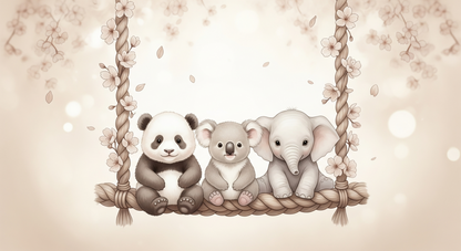 Kids-Mundo flat artwork preview of the panda, koala and elephant swing wall mural