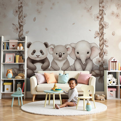 Kids-Mundo panda koala elephant swing wall mural in a calm neutral baby nursery