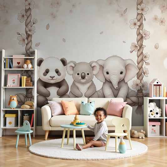 Kids-Mundo panda koala elephant swing wall mural in a calm neutral baby nursery