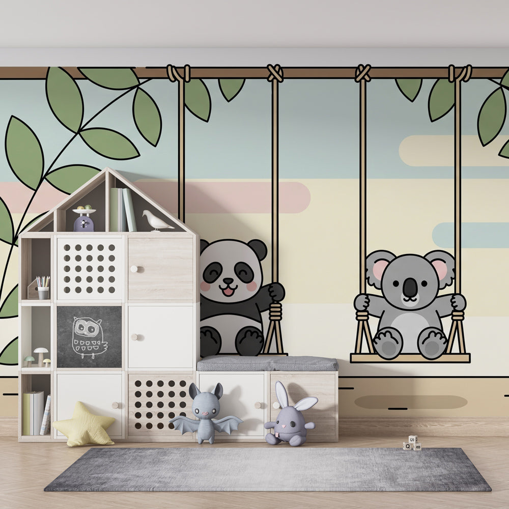 Baby animal wallpaper with panda and koala on swings in modern nursery interior design