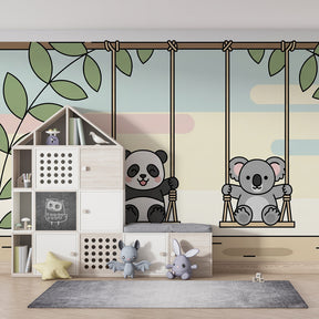 Baby animal wallpaper with panda and koala on swings in modern nursery interior design