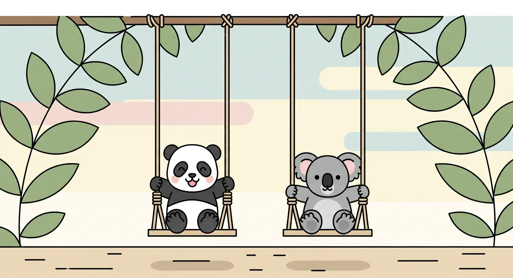 Detailed panda and koala swinging animals mural wallpaper design pattern by Kids-Mundo