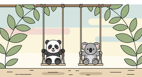 Detailed panda and koala swinging animals mural wallpaper design pattern by Kids-Mundo