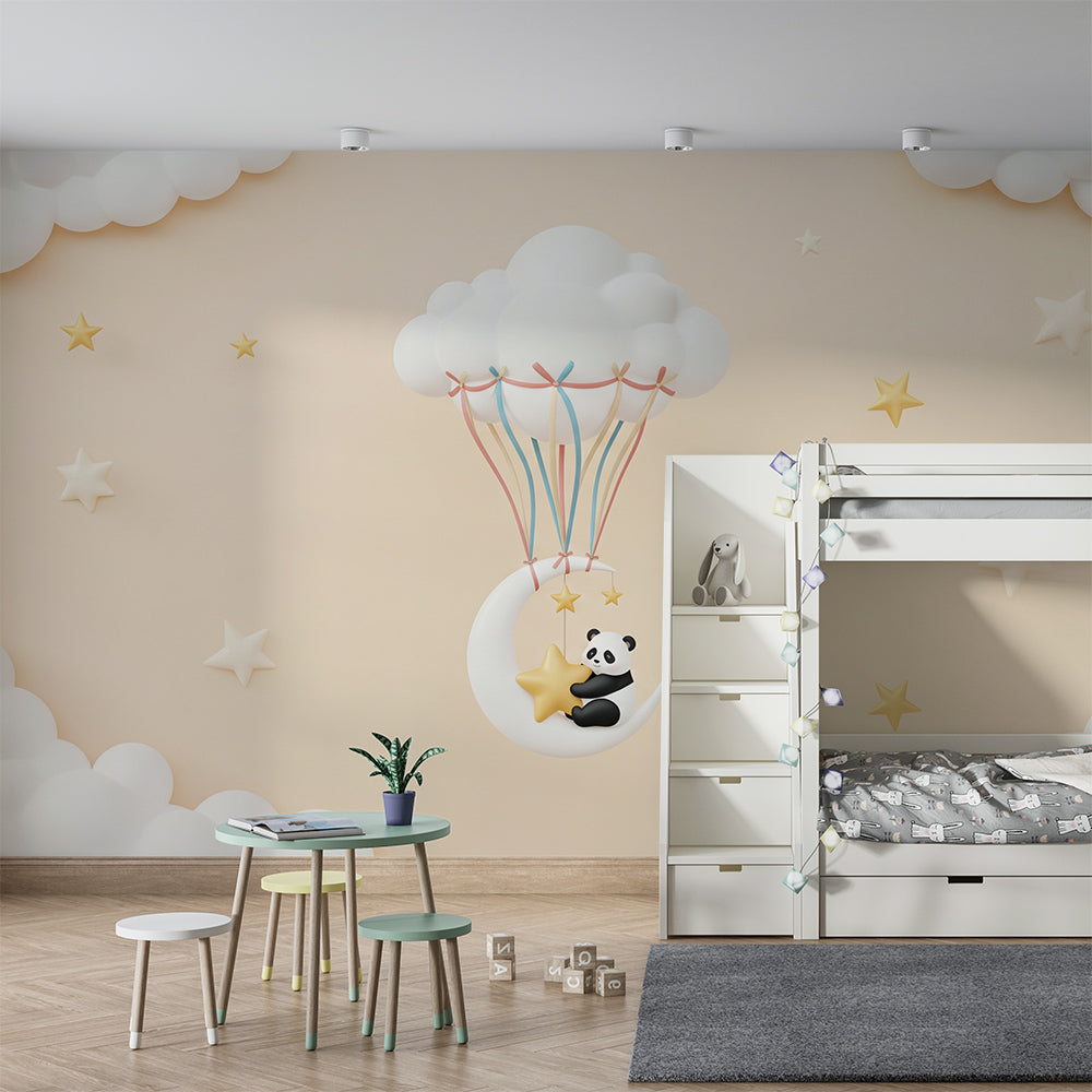 Kids-Mundo dreamy panda and star balloon mural in a cosy kids bedroom wall