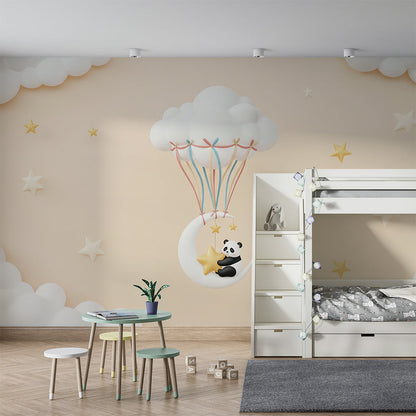 Kids-Mundo dreamy panda and star balloon mural in a cosy kids bedroom wall