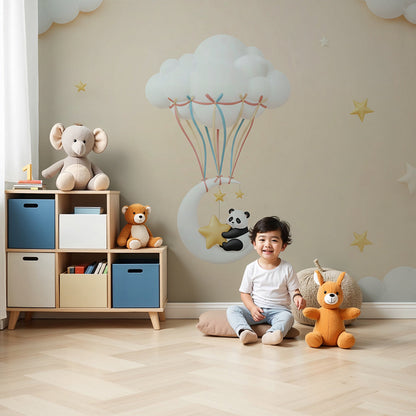 Kids-Mundo panda on the moon wall mural styled in a warm neutral nursery room