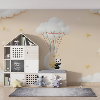 Kids-Mundo panda hot air balloon wall mural brightening a starry playroom