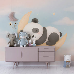 Sleeping panda wallpaper creating peaceful toddler bedroom atmosphere with soft lighting