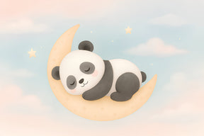 Detailed sleeping panda on moon mural wallpaper design pattern with pastel stars by Kids-Mundo