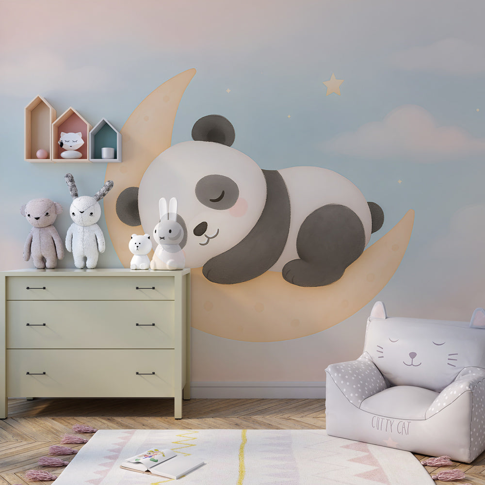 Moon and stars mural wallpaper for kids room featuring adorable sleeping panda design