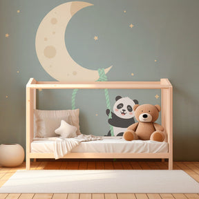 Night sky panda mural wallpaper with twinkling stars creating magical children's room by Kids-Mundo