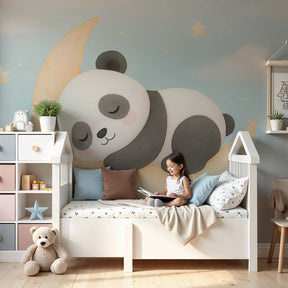 Panda moon mural wallpaper in serene baby nursery with natural wood crib by Kids-Mundo