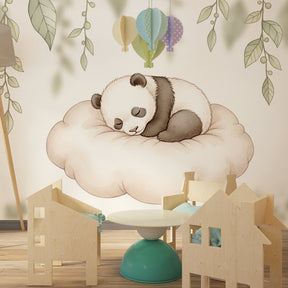 Peaceful panda wallpaper creating calming atmosphere in baby bedroom with soft beige tones