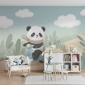 Cute panda adventure wallpaper creating peaceful atmosphere in baby's room
