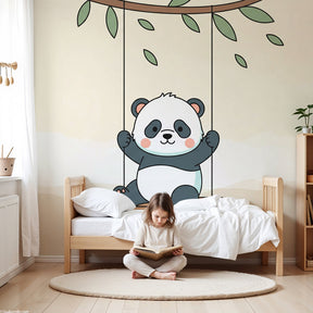 Cute panda swing mural wallpaper creating cozy baby nursery atmosphere by Kids-Mundo