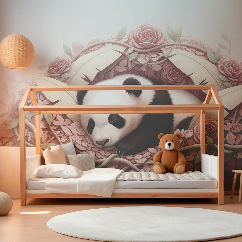 Pink floral panda mural wallpaper transforming baby room into peaceful sanctuary