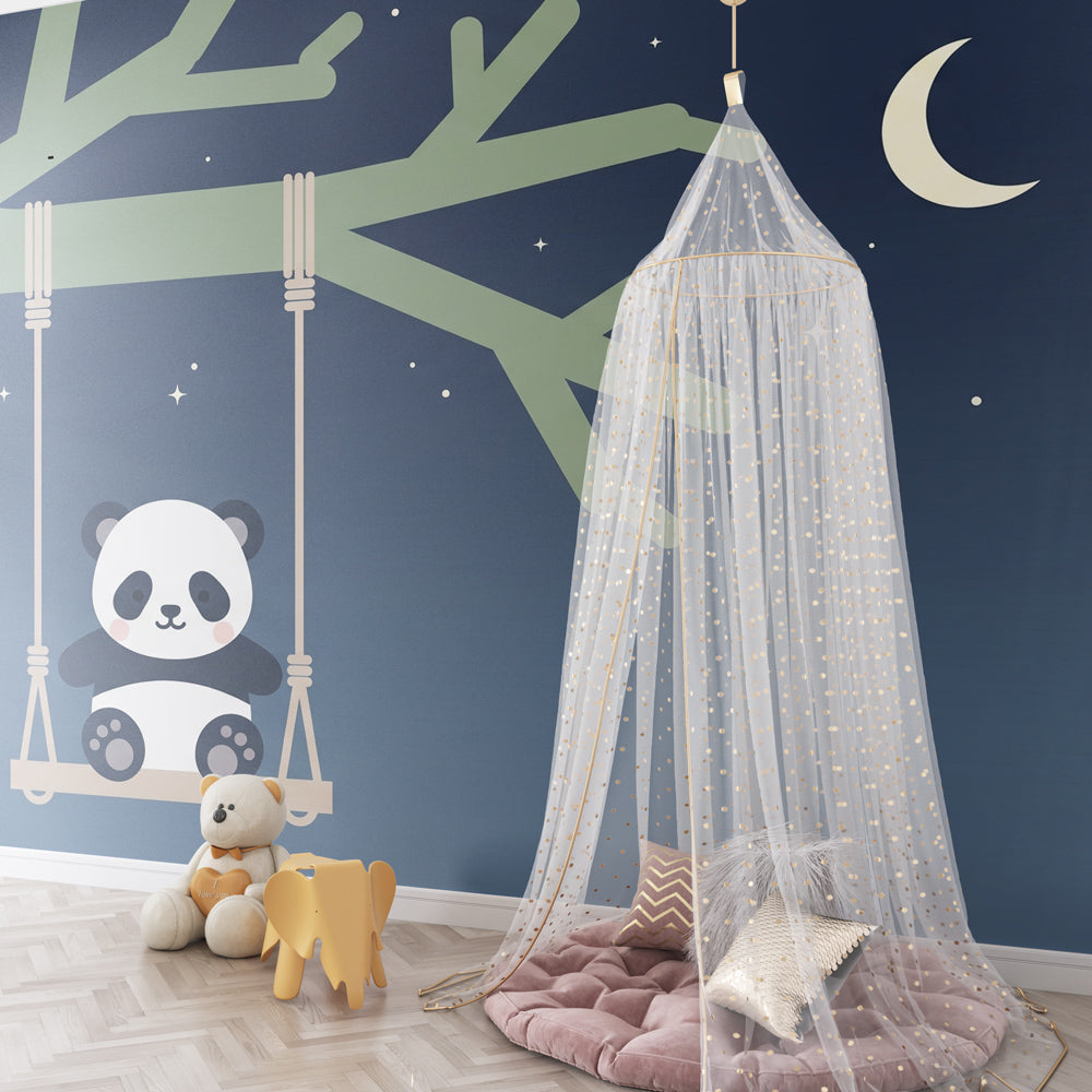 Sweet panda swing wallpaper complementing natural wood furniture in cozy baby room setting