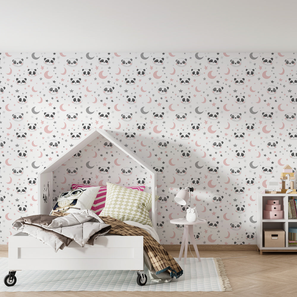 Dreamy panda wallpaper with celestial motifs for baby room by Kids-Mundo