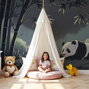 Peaceful panda bamboo forest mural wallpaper in modern nursery setting by Kids-Mundo