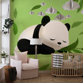 Panda children's mural wallpaper in modern kids bedroom with natural wood furniture