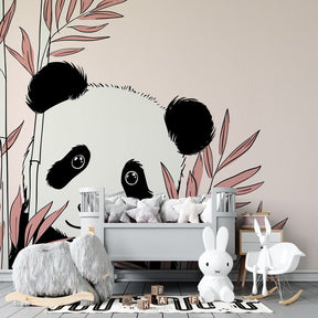 Panda animal wallpaper creating calming atmosphere in children's bedroom with wooden furniture