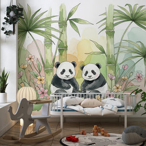 Bamboo panda wallpaper creating peaceful atmosphere in children's bedroom interior