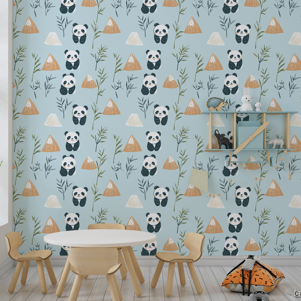 Playful panda mural wallpaper creating cozy atmosphere in kids bedroom decor