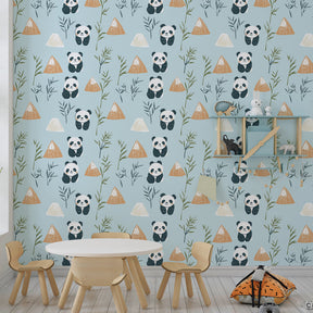 Playful panda mural wallpaper creating cozy atmosphere in kids bedroom decor