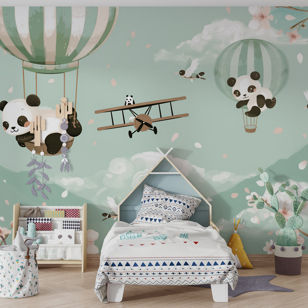 Dreamy panda wallpaper with floral montgolfières in modern kids bedroom setting