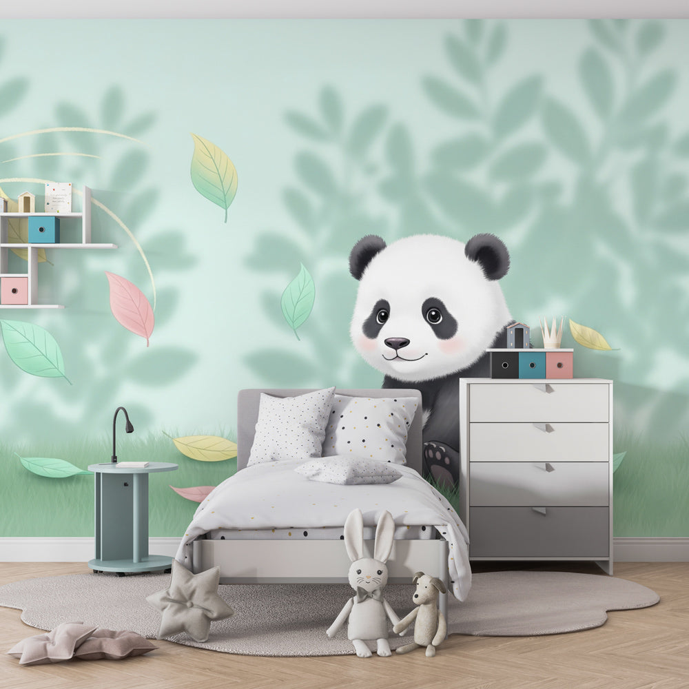 Colorful panda nature wallpaper transforming kids bedroom into woodland sanctuary