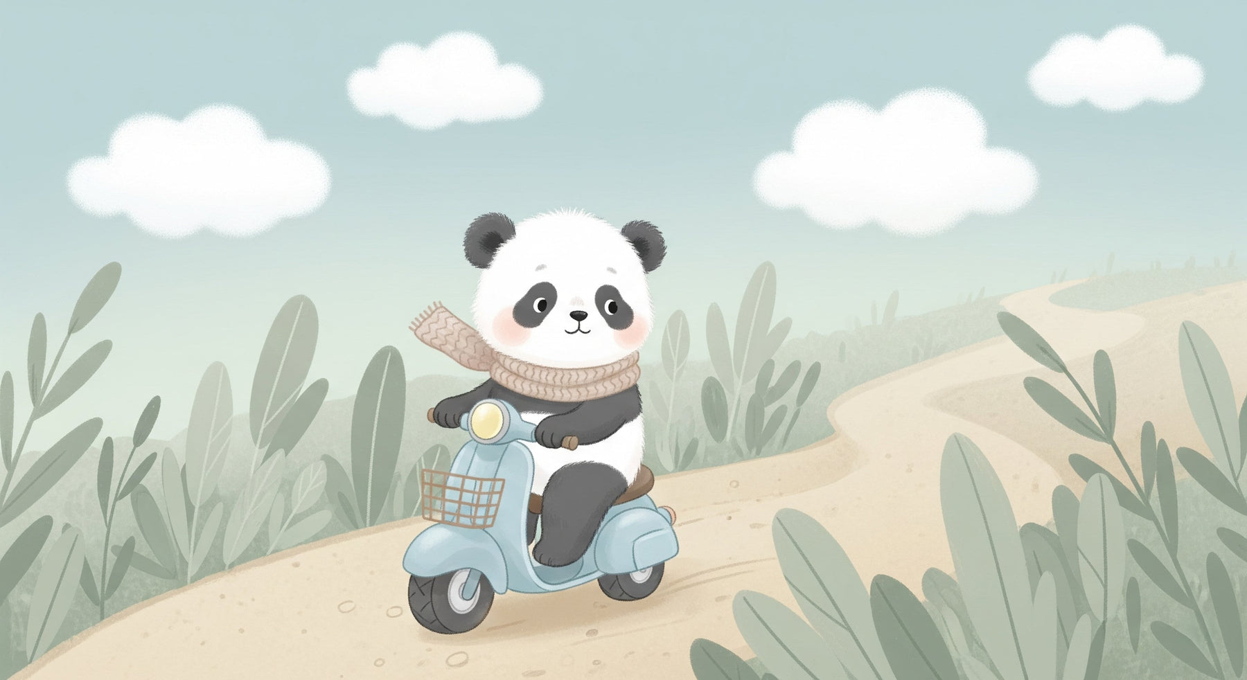 Detailed panda scooter mural wallpaper design pattern with clouds and foliage by Kids-Mundo