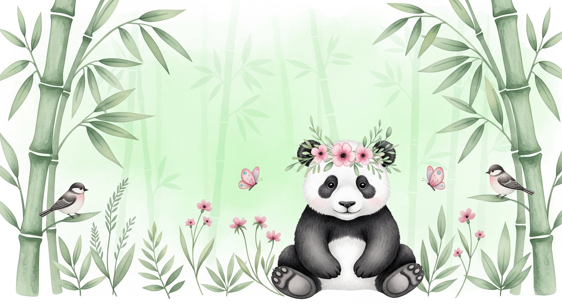 Detailed panda bamboo garden mural wallpaper design pattern with flowers by Kids-Mundo