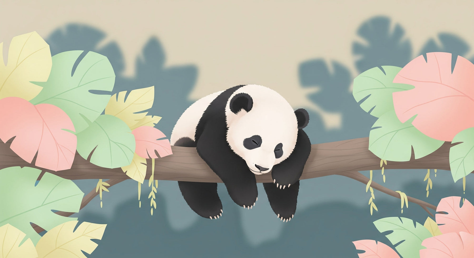 Detailed sleepy panda jungle mural wallpaper design pattern with tropical foliage by Kids-Mundo
