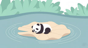 Detailed sleeping panda mural wallpaper design pattern on leaf with blue water by Kids-Mundo
