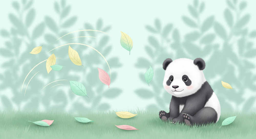 Detailed panda and colorful leaves mural wallpaper design pattern by Kids-Mundo