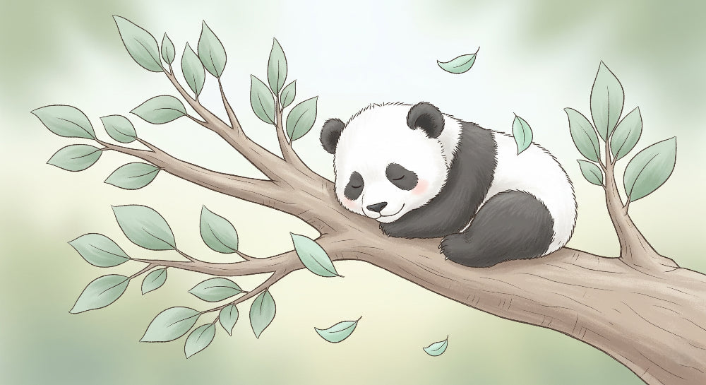 Detailed sleeping panda mural wallpaper design pattern with branch and leaves by Kids-Mundo