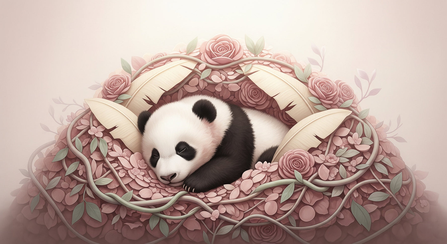 Detailed sleeping panda with pink flowers mural wallpaper design pattern by Kids-Mundo