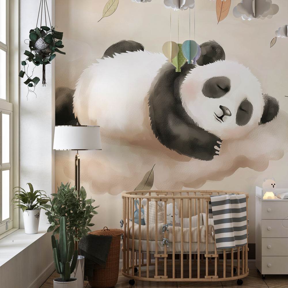 Sleeping panda mural wallpaper transforming nursery into gentle dreamscape for babies
