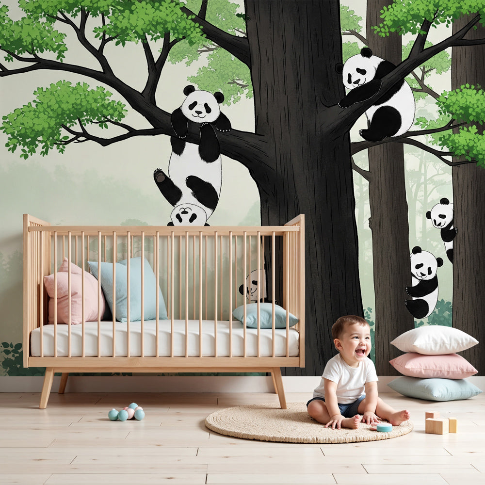 Panda mural wallpaper creating peaceful forest atmosphere in modern nursery by Kids-Mundo