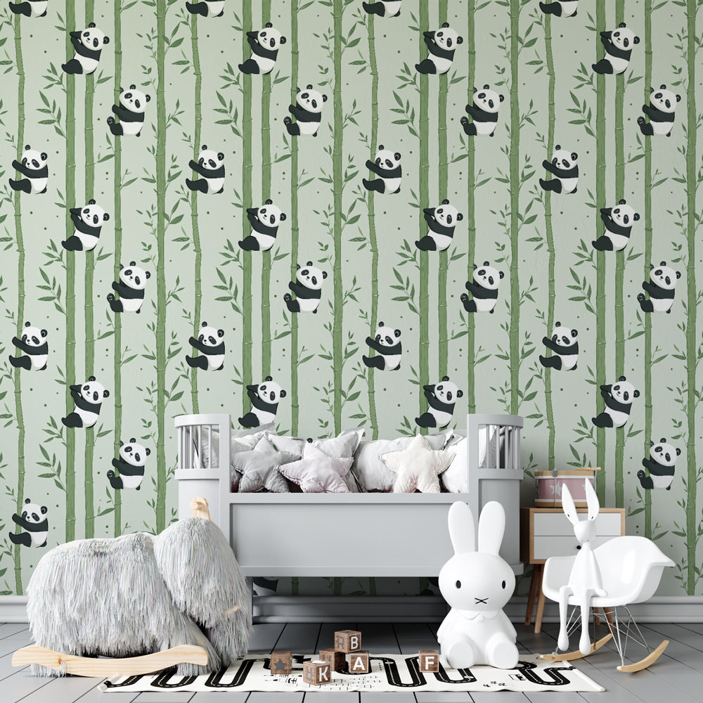 Bamboo forest mural wallpaper with adorable pandas enhancing children's room decor