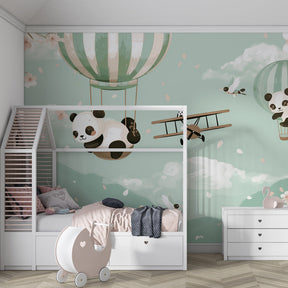 Animal-themed panda mural wallpaper creating serene children's room atmosphere