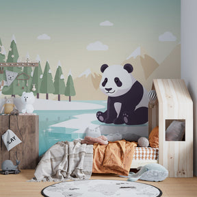 Winter wonderland panda mural wallpaper with snowy mountains for kids room by Kids-Mundo